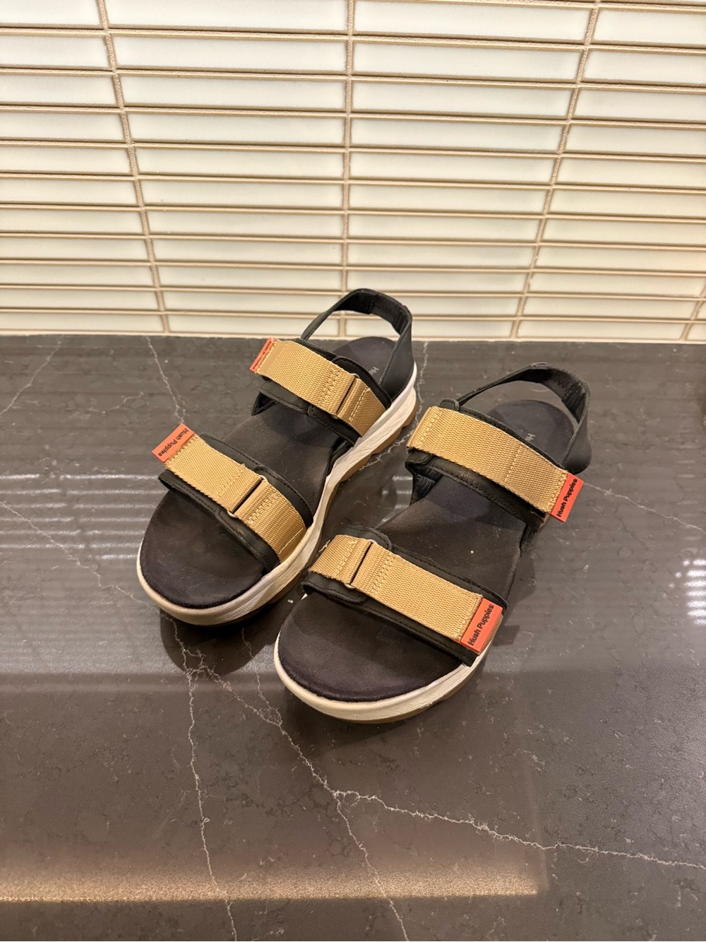 Hush Puppies Black and Tan Hook-and-Loop Strap Sandals